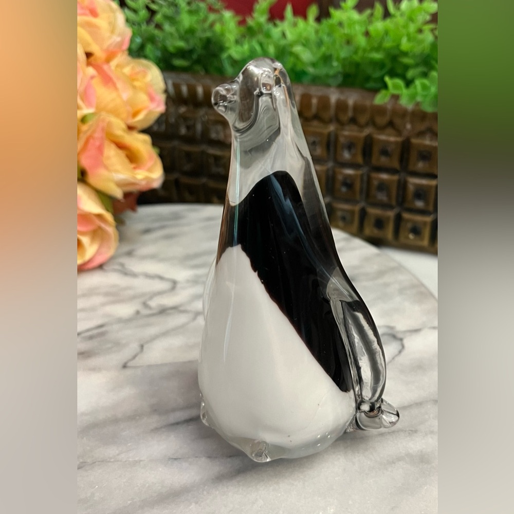 Glass Penguin 5” Hand Blown Clear w White-Black Sommerso Technique Paperweight